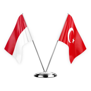 Two table flags isolated on white background 3d illustration, monaco and turkey