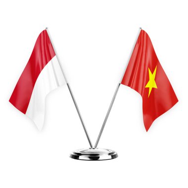 Two table flags isolated on white background 3d illustration, monaco and vietnam