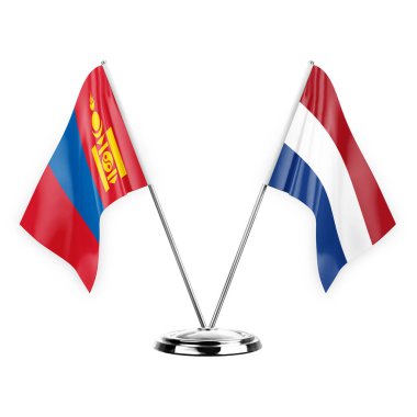 Two table flags isolated on white background 3d illustration, mongolia and netherlands