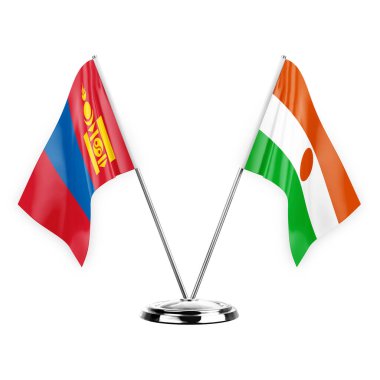 Two table flags isolated on white background 3d illustration, mongolia and niger