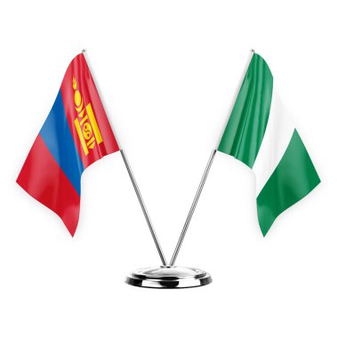 Two table flags isolated on white background 3d illustration, mongolia and nigeria