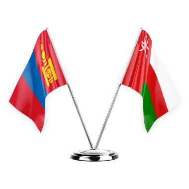 Two table flags isolated on white background 3d illustration, mongolia and oman