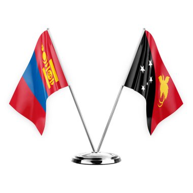 Two table flags isolated on white background 3d illustration, mongolia and papua new guinea