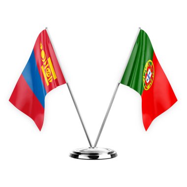 Two table flags isolated on white background 3d illustration, mongolia and portugal