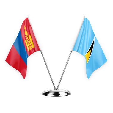 Two table flags isolated on white background 3d illustration, mongolia and saint lucia