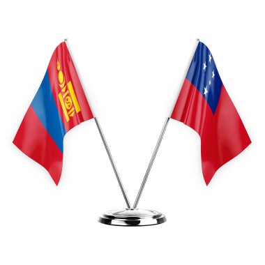 Two table flags isolated on white background 3d illustration, mongolia and samoa