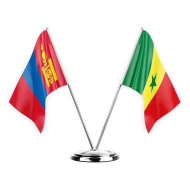Two table flags isolated on white background 3d illustration, mongolia and senegal