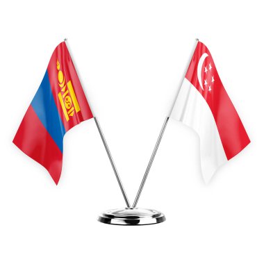 Two table flags isolated on white background 3d illustration, mongolia and singapore