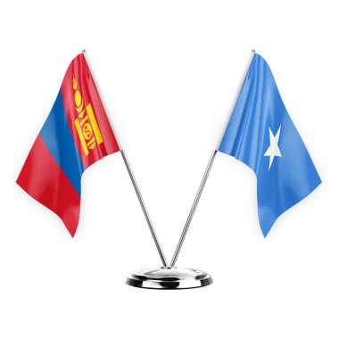 Two table flags isolated on white background 3d illustration, mongolia and somalia