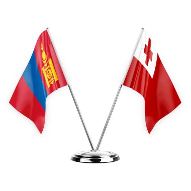 Two table flags isolated on white background 3d illustration, mongolia and tonga
