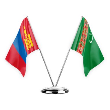 Two table flags isolated on white background 3d illustration, mongolia and turkmenistan