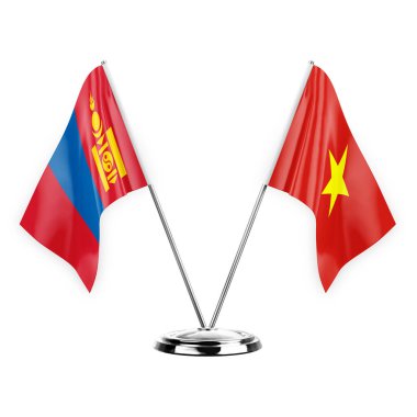 Two table flags isolated on white background 3d illustration, mongolia and vietnam