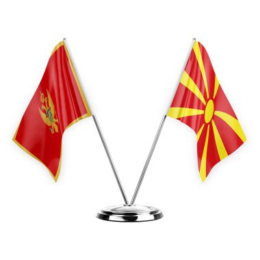 Two table flags isolated on white background 3d illustration, montenegro and north macedonia