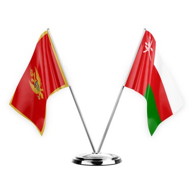 Two table flags isolated on white background 3d illustration, montenegro and oman