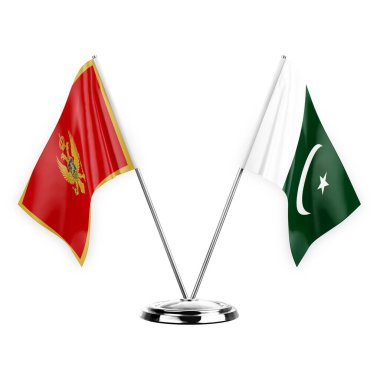 Two table flags isolated on white background 3d illustration, montenegro and pakistan