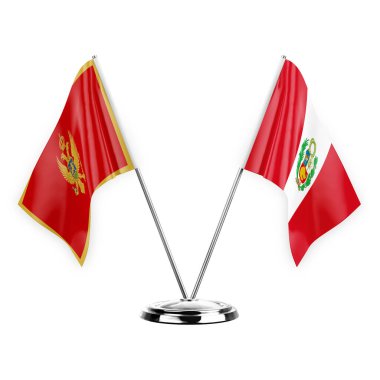 Two table flags isolated on white background 3d illustration, montenegro and peru