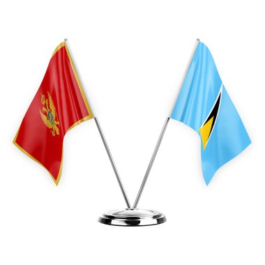 Two table flags isolated on white background 3d illustration, montenegro and saint lucia