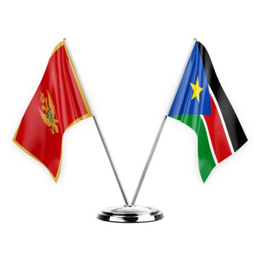 Two table flags isolated on white background 3d illustration, montenegro and south sudan