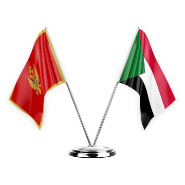 Two table flags isolated on white background 3d illustration, montenegro and sudan