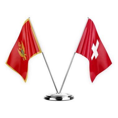 Two table flags isolated on white background 3d illustration, montenegro and switzerland