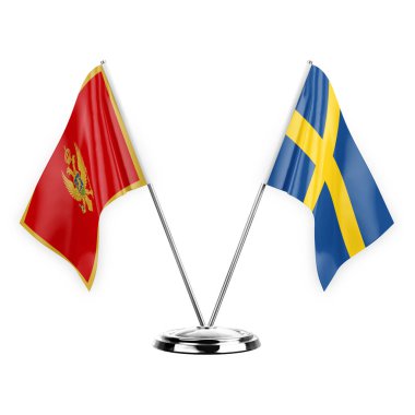 Two table flags isolated on white background 3d illustration, montenegro and sweden