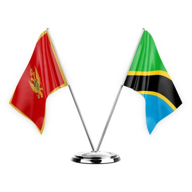 Two table flags isolated on white background 3d illustration, montenegro and tanzania