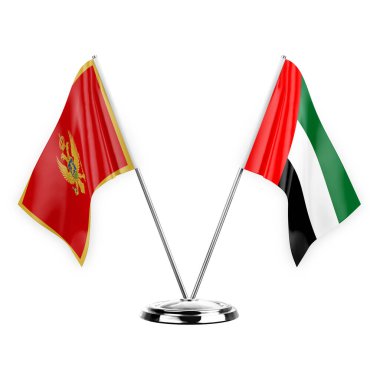Two table flags isolated on white background 3d illustration, montenegro and united arab emirates