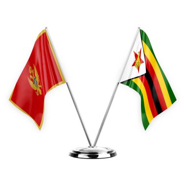 Two table flags isolated on white background 3d illustration, montenegro and zimbabwe