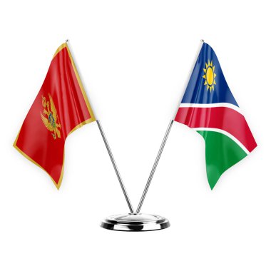 Two table flags isolated on white background 3d illustration, montenegro and namibia