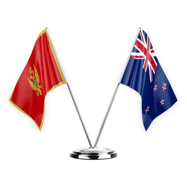 Two table flags isolated on white background 3d illustration, montenegro and new zealand
