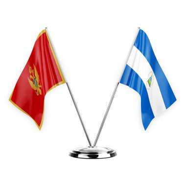 Two table flags isolated on white background 3d illustration, montenegro and nicaragua