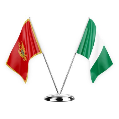 Two table flags isolated on white background 3d illustration, montenegro and nigeria