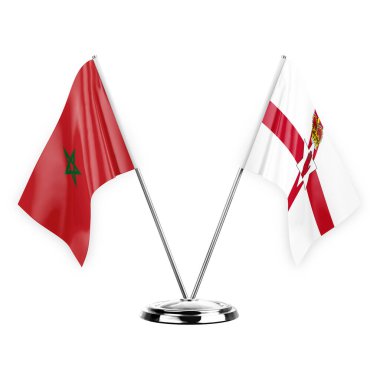 Two table flags isolated on white background 3d illustration, morocco and ireland