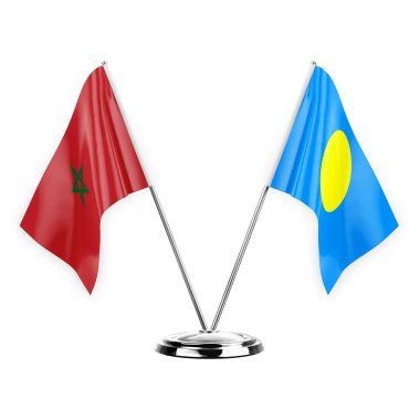 Two table flags isolated on white background 3d illustration, morocco and palau
