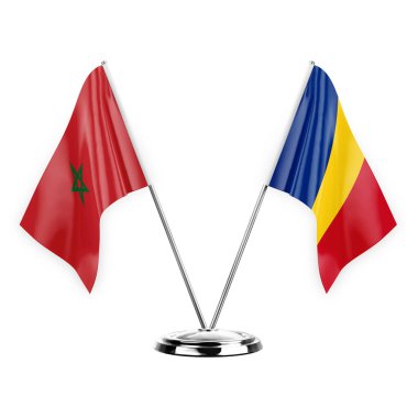 Two table flags isolated on white background 3d illustration, morocco and romania