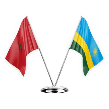 Two table flags isolated on white background 3d illustration, morocco and rwanda