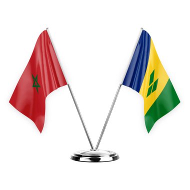 Two table flags isolated on white background 3d illustration, morocco and saint vincent and the grenadines