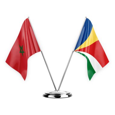 Two table flags isolated on white background 3d illustration, morocco and seychelles