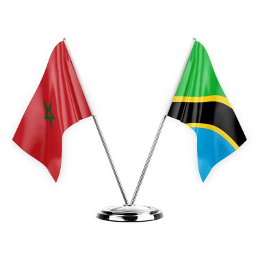 Two table flags isolated on white background 3d illustration, morocco and tanzania
