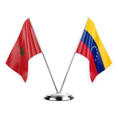 Two table flags isolated on white background 3d illustration, morocco and venezuela