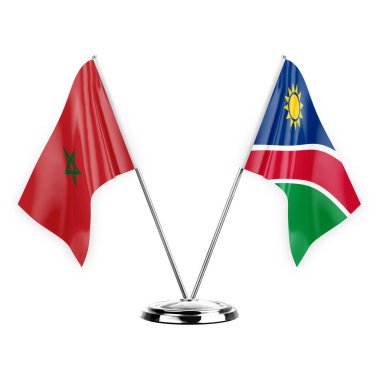 Two table flags isolated on white background 3d illustration, morocco and namibia