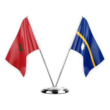 Two table flags isolated on white background 3d illustration, morocco and nauru