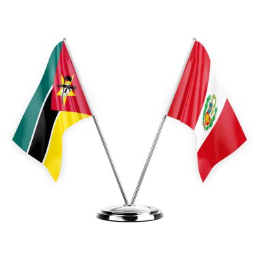 Two table flags isolated on white background 3d illustration, mozambique and peru