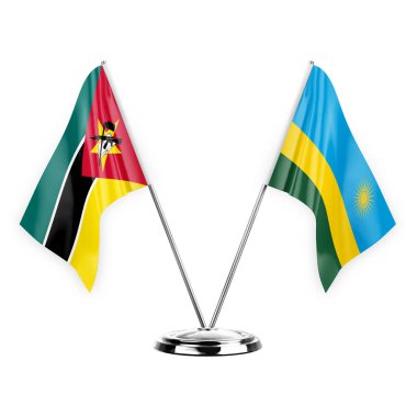 Two table flags isolated on white background 3d illustration, mozambique and rwanda