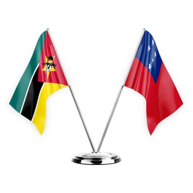 Two table flags isolated on white background 3d illustration, mozambique and samoa