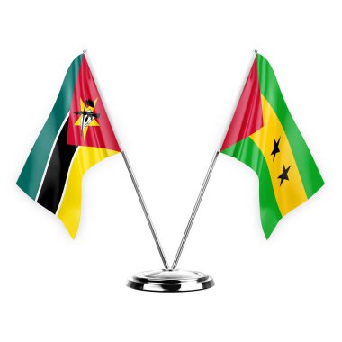 Two table flags isolated on white background 3d illustration, mozambique and sao tome and principe