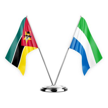Two table flags isolated on white background 3d illustration, mozambique and sierra leone