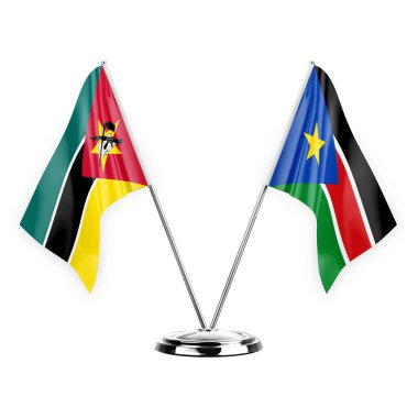 Two table flags isolated on white background 3d illustration, mozambique and south sudan