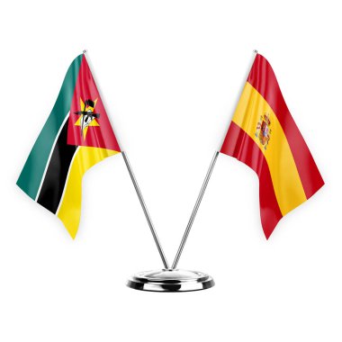 Two table flags isolated on white background 3d illustration, mozambique and spain