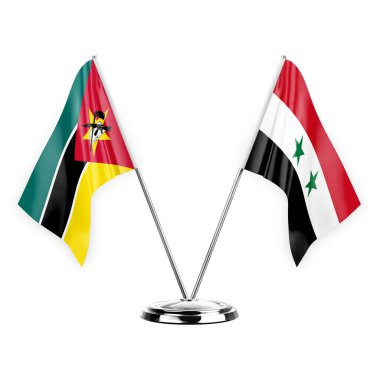 Two table flags isolated on white background 3d illustration, mozambique and syria